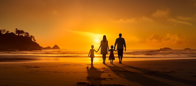ビーチに立つ家族のシルエット、夕日、父、母、娘が歩く 生成AI