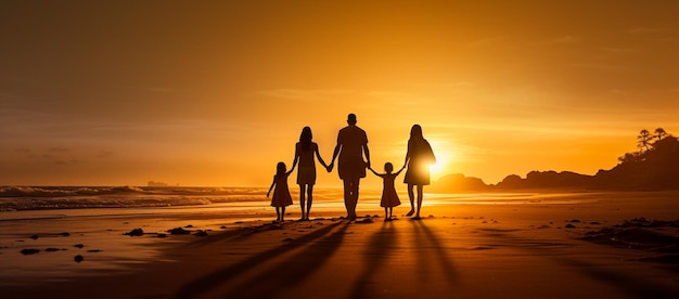 ビーチに立つ家族のシルエット、夕日、父、母、娘が歩く 生成AI
