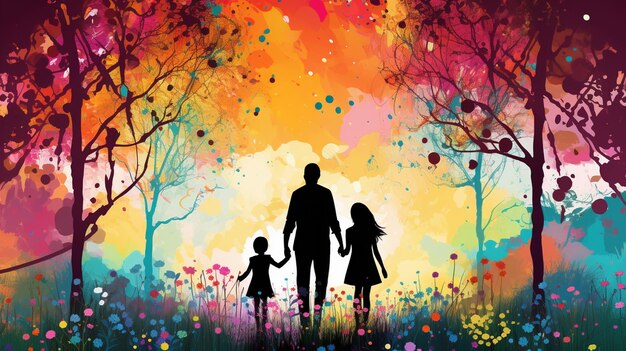 family silhouettes among grass flowers and trees against a colorful background