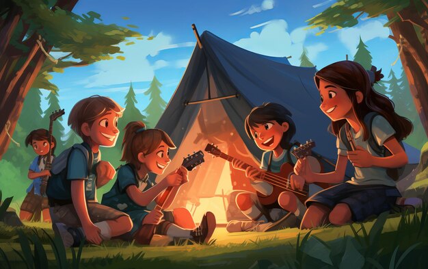 a family sits around a campfire and plays guitar.