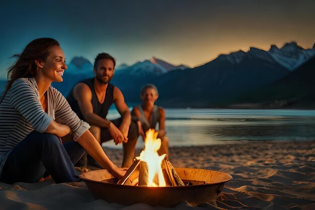 A family sits around a campfire and smiles at the camera