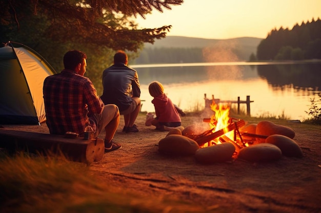 A family sits around a campfire and watches a lake.