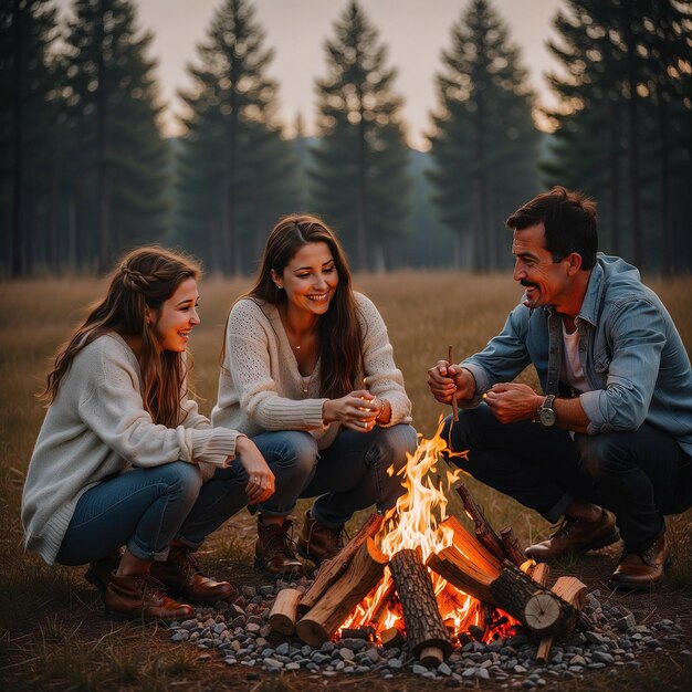 Photo a family sits around a campfire with a fire in the background