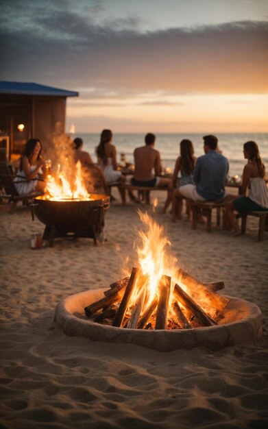 a family sits around a fire on the beach and enjoy the sunset.