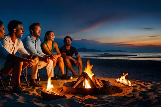 A family sits around a fire at the beach