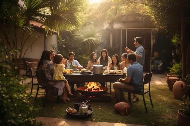 a family sits around a table with a fire in the background.