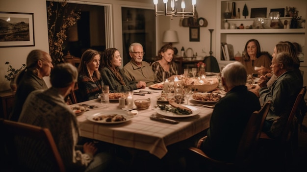 A family sits around a table with a plate of food on it.