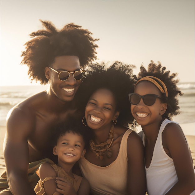 A family sits on the beach and smiles for the camera.
