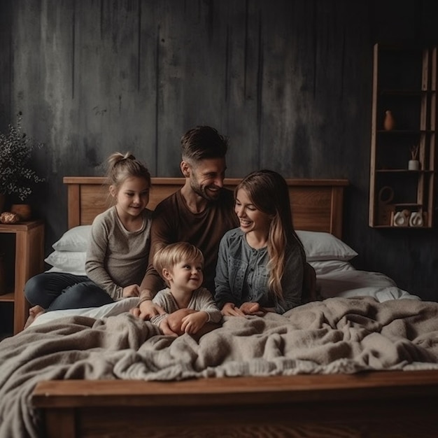 A family sits on a bed with a blanket that says'family'on it