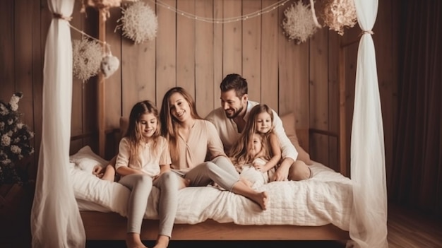 A family sits on a bed with hanging lights