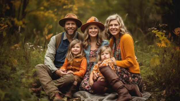 A family sits on a blanket in a field with fall leaves.