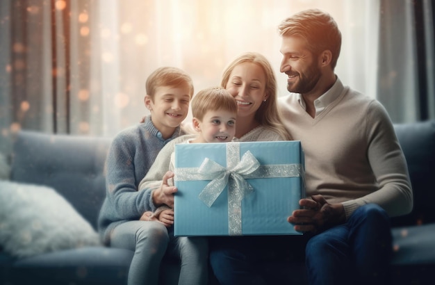 A family sits on a couch with a gift wrapped in a blue box