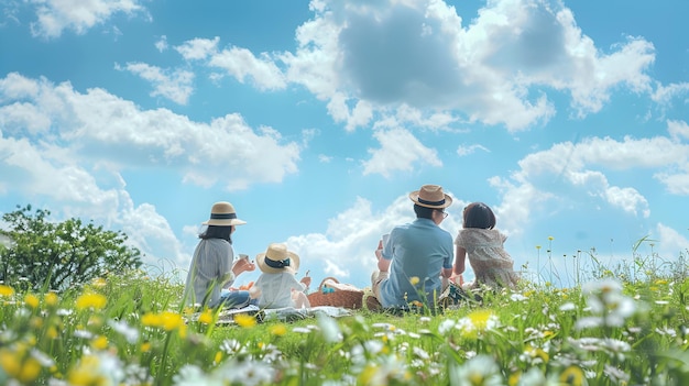 a family sits in a field of flowers and reads a book