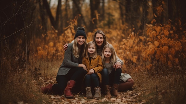 A family sits in a forest with yellow leaves on the ground.