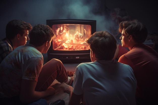 A family sits in front of a fireplace and looks at the fire.