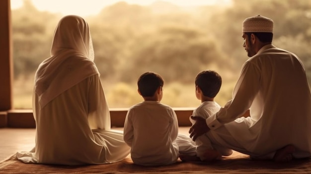 A family sits in front of a window and looks out at the sunset.