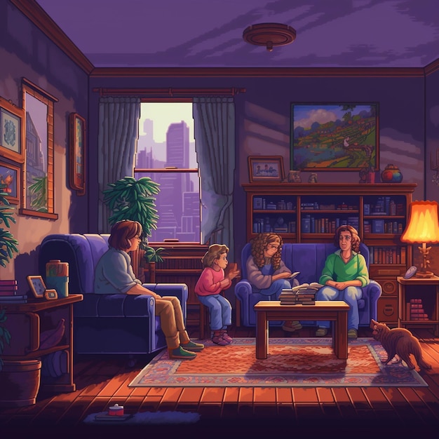 한 가족이 "가족"이라는 책을 들고 거실에 앉아 있습니다.