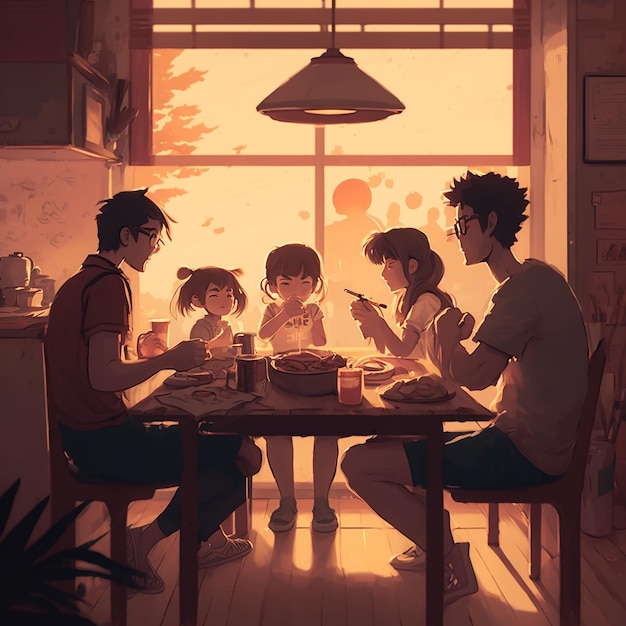 한 가족이 창가 앞 테이블에 앉아 카메라를 바라보고 있다.