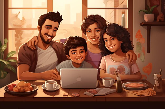 A family sits at a table with a laptop and a family of four