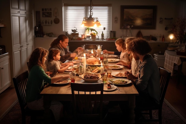 A family sits at a table with a table full of food and drinks.