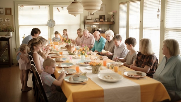 A family sits at a table with a yellow tablecloth and a yellow tablecloth.