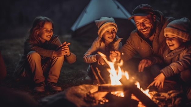 Family sitting around a campfire at night
