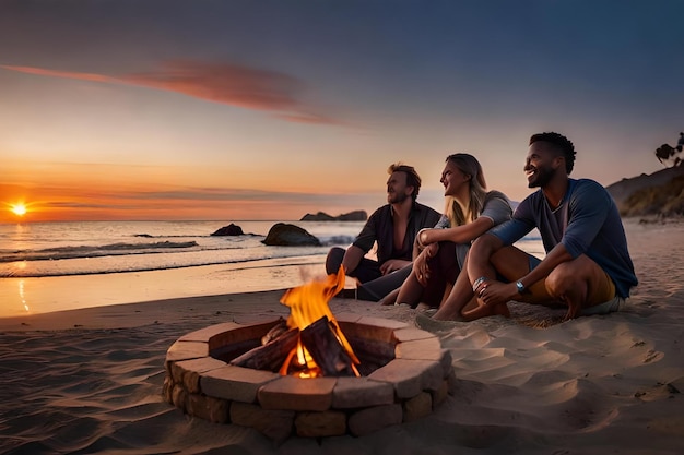 A family sitting around a fire at the beach, with the sunset behind them.