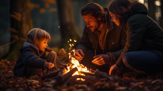 A family sitting by the campfire