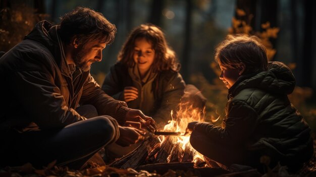 A family sitting by the campfire