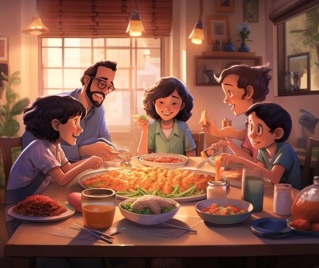 A family sitting down to a homecooked meal