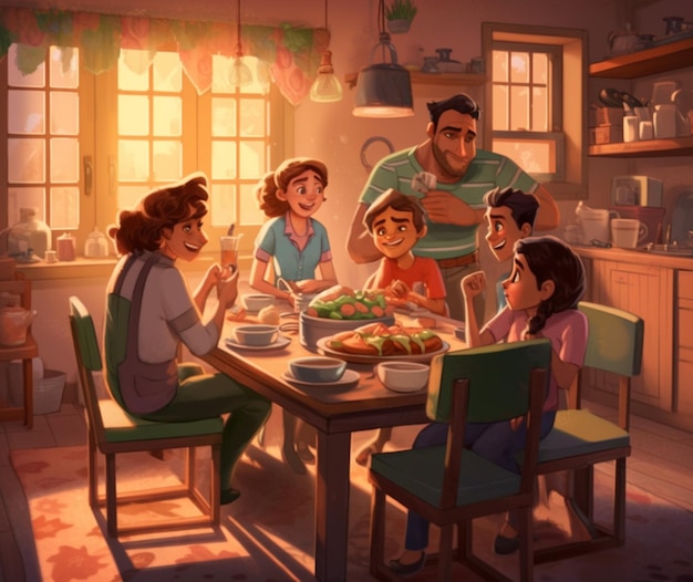 家庭料理を食べながら座る家族