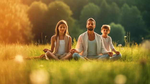 family sitting outdoors doing yoga