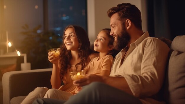 Family Sitting On Sofa In Open Plan Lounge Watching Television