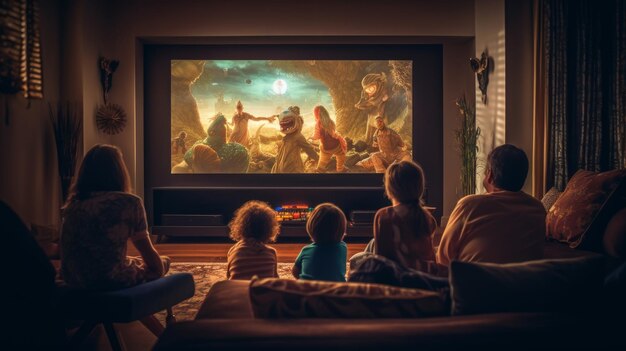 Семья сидит вместе в уютной гостиной и смотрит телевизор Генеративный ИИ