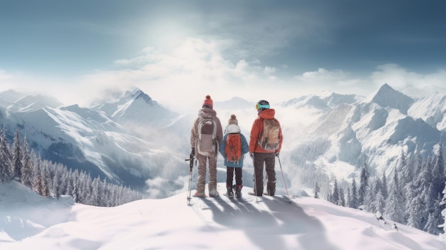 A family of skiers looks at the snowcapped mountains at a ski resort during vacation and winter