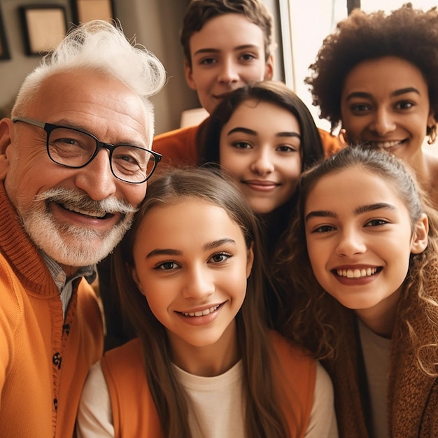 Family smile and diversity portrait or selfie with children parents and grandparents bonding