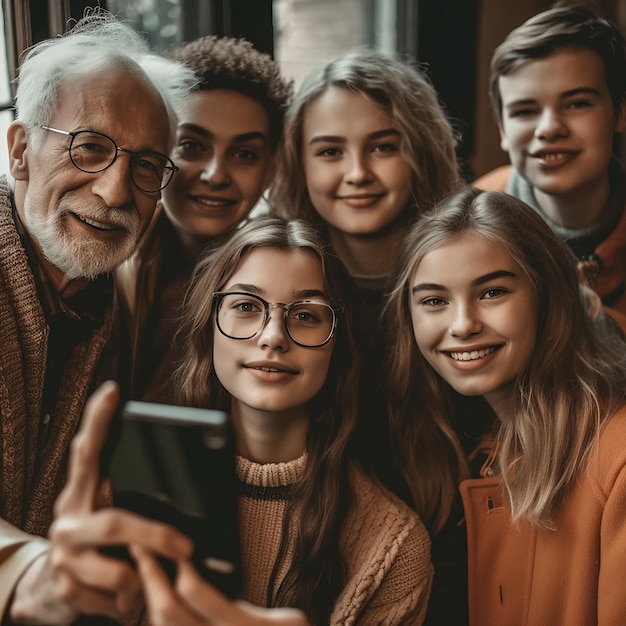 Фото Семейный портрет улыбки и селфи с детьми, матерью, дедушкой, сближающими мужчину, женщину и группу подростков