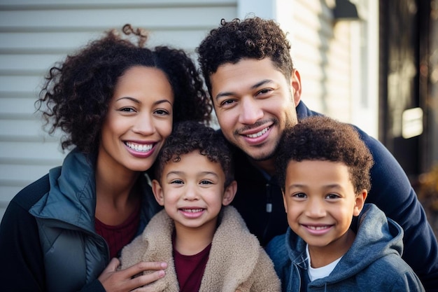 a family smiling for the camera, with a boy and girl.