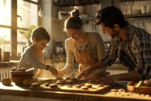 Foto famiglia sorridente mentre cucinano i biscotti