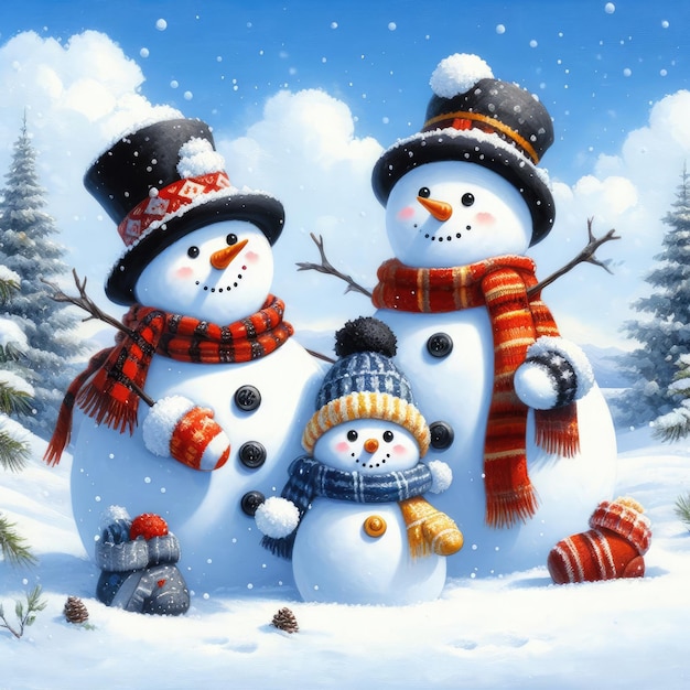 A family of snowmen in warm knitted hats and scarves and mittens in the snow in a winter forest