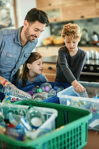 A family sorts recyclables into designated bins showcasing ecofriendly habits at home while teaching