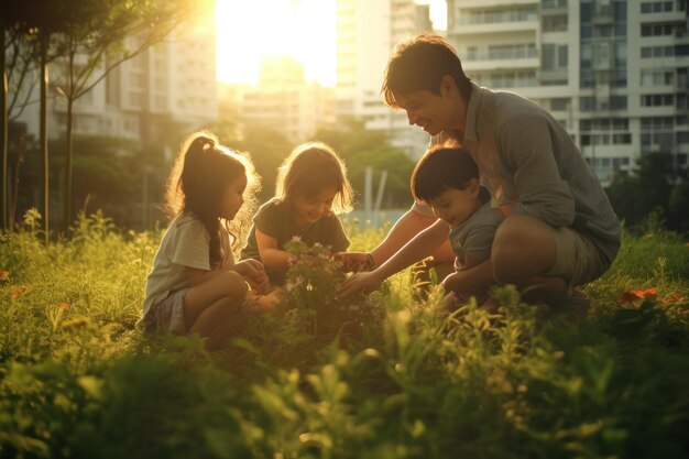 Photo a family spend time near river together