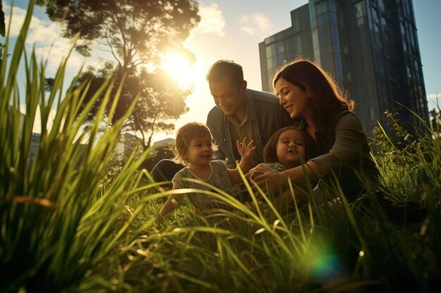 Photo a family spend time near river together