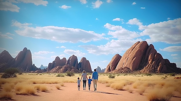 Family in Spitzkoppe Namibia no face view and back view blue cloud Generative AI