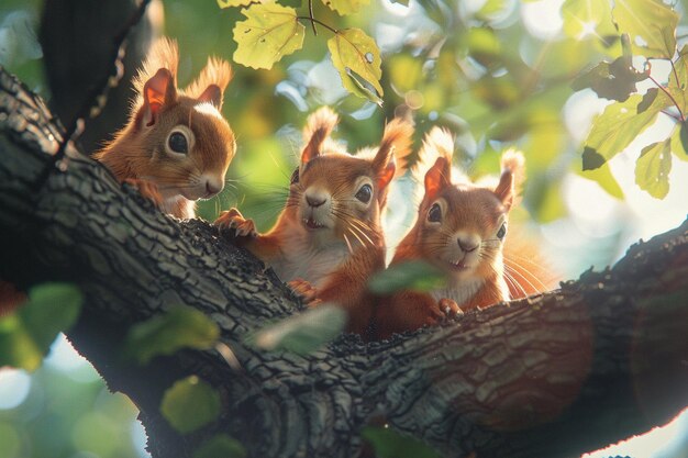 A family of squirrels playing in a tree