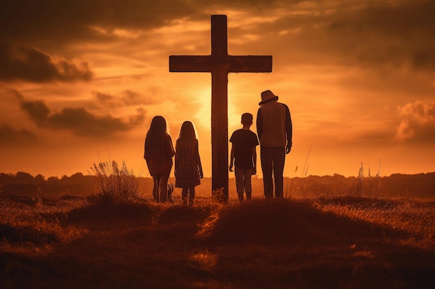 Family standing next to a cross at sunset Worship concept