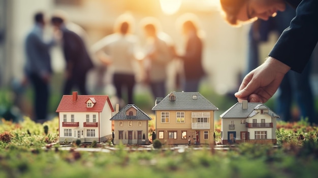 A family standing in front of a row of houses with different aspects of the properties AI generated