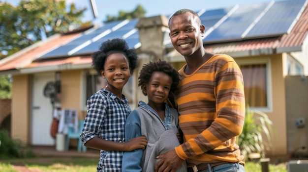 A family standing in front of their home which features solar panels on the roof and a small