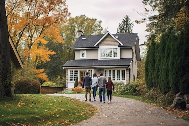 A family standing hand in hand their eyes filled with anticipation as they admire their new home