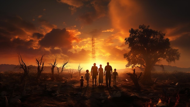 Family standing in sunset field Generative Ai